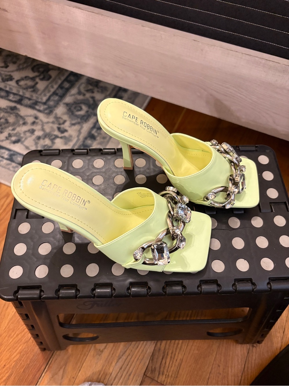 Cape Robbin Neon Lime Jeweled Chain Heeled Mules